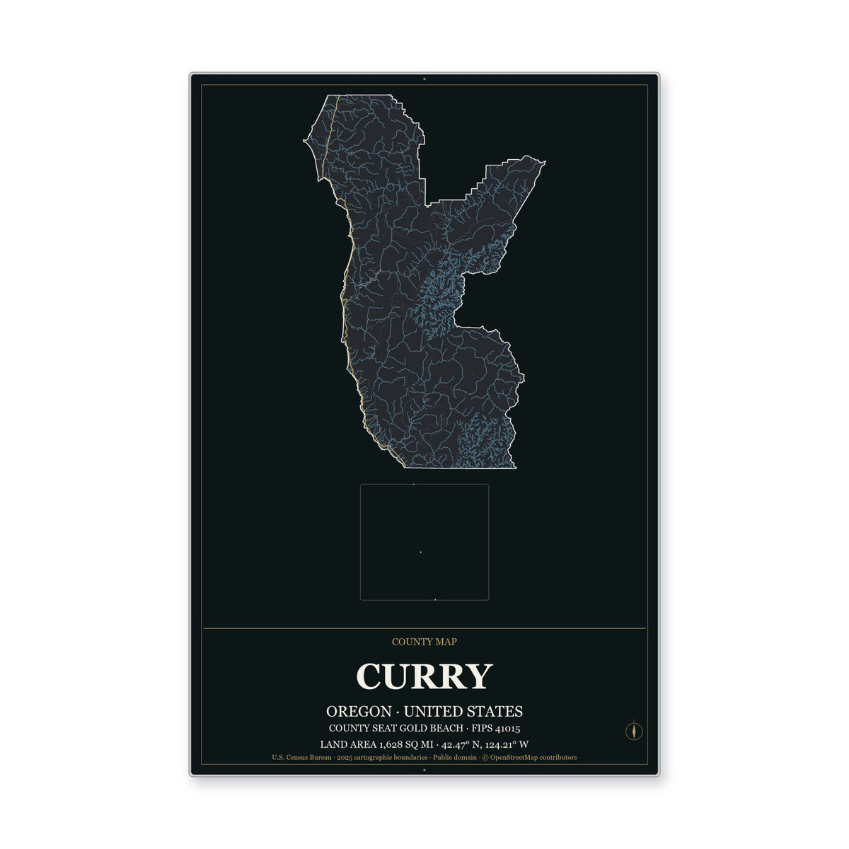 Curry County, Oregon Map Aluminum Sign in Metropolitan Noir style