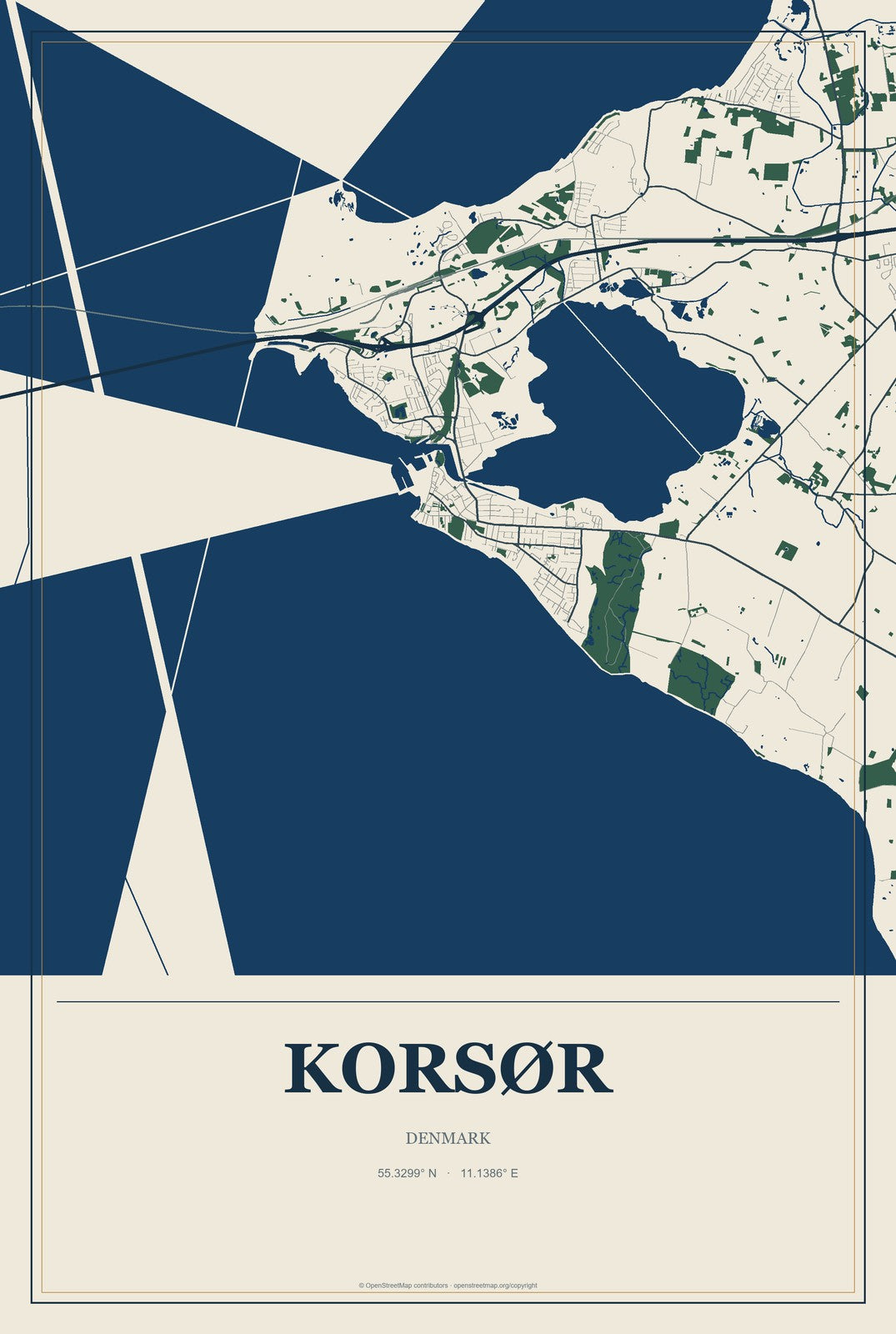 Korsør, Denmark City Map Aluminum Sign in Coastal Cutout style