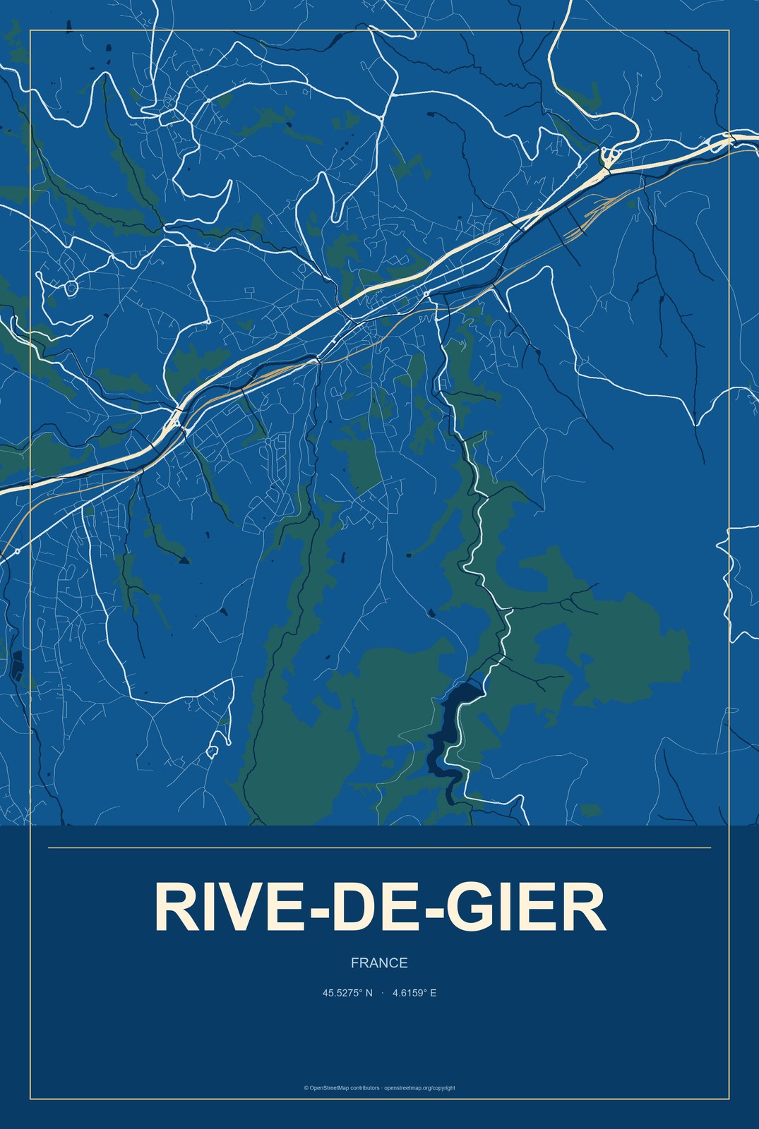 Rive-de-Gier, France City Map Aluminum Sign in Harbor Cobalt style