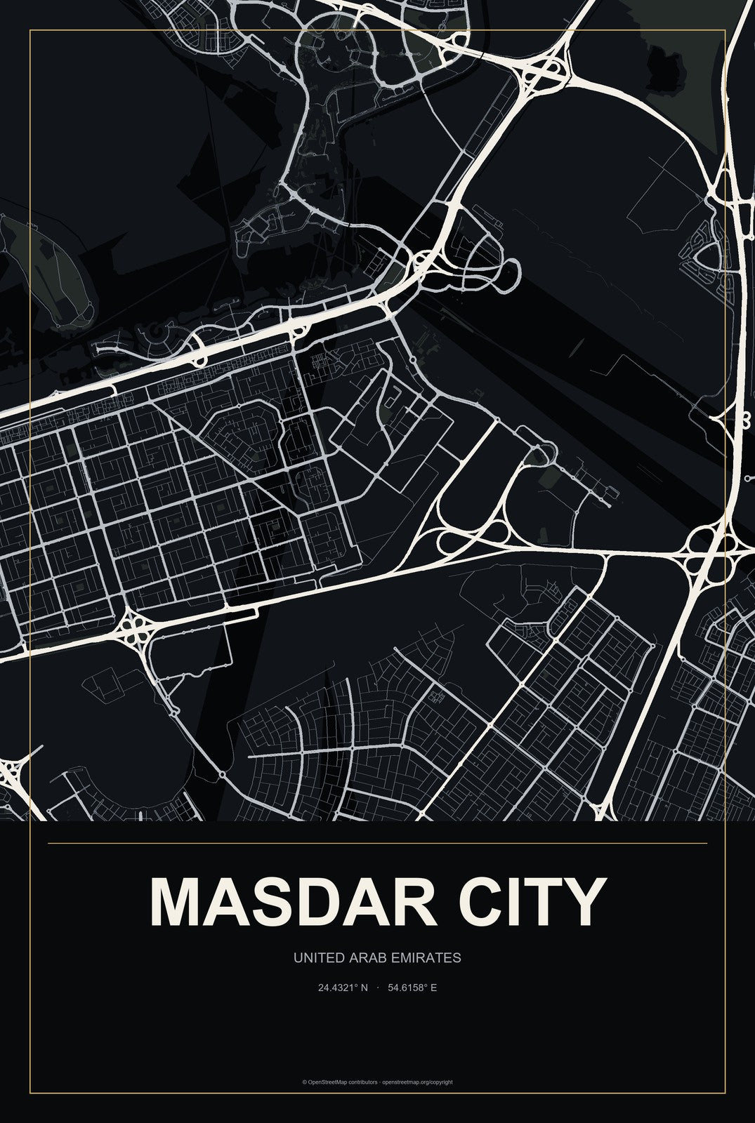 Masdar City, United Arab Emirates City Map Aluminum Sign in Metropolitan Noir style