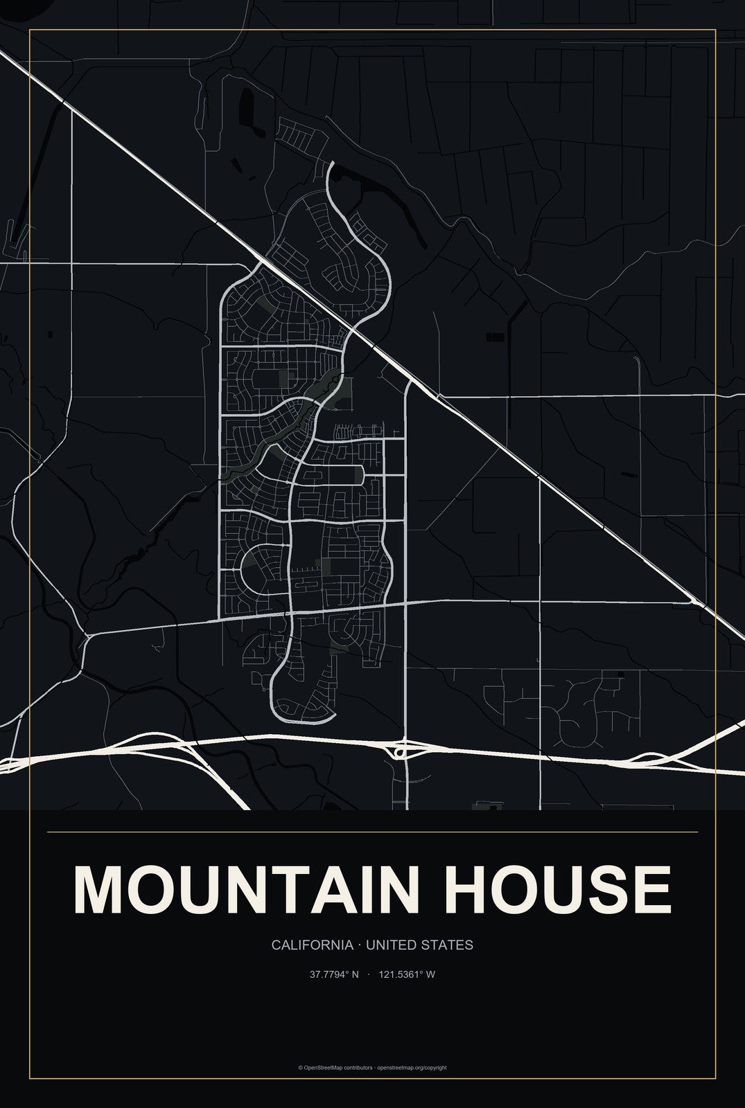 Mountain House, California City Map Aluminum Sign in Metropolitan Noir style