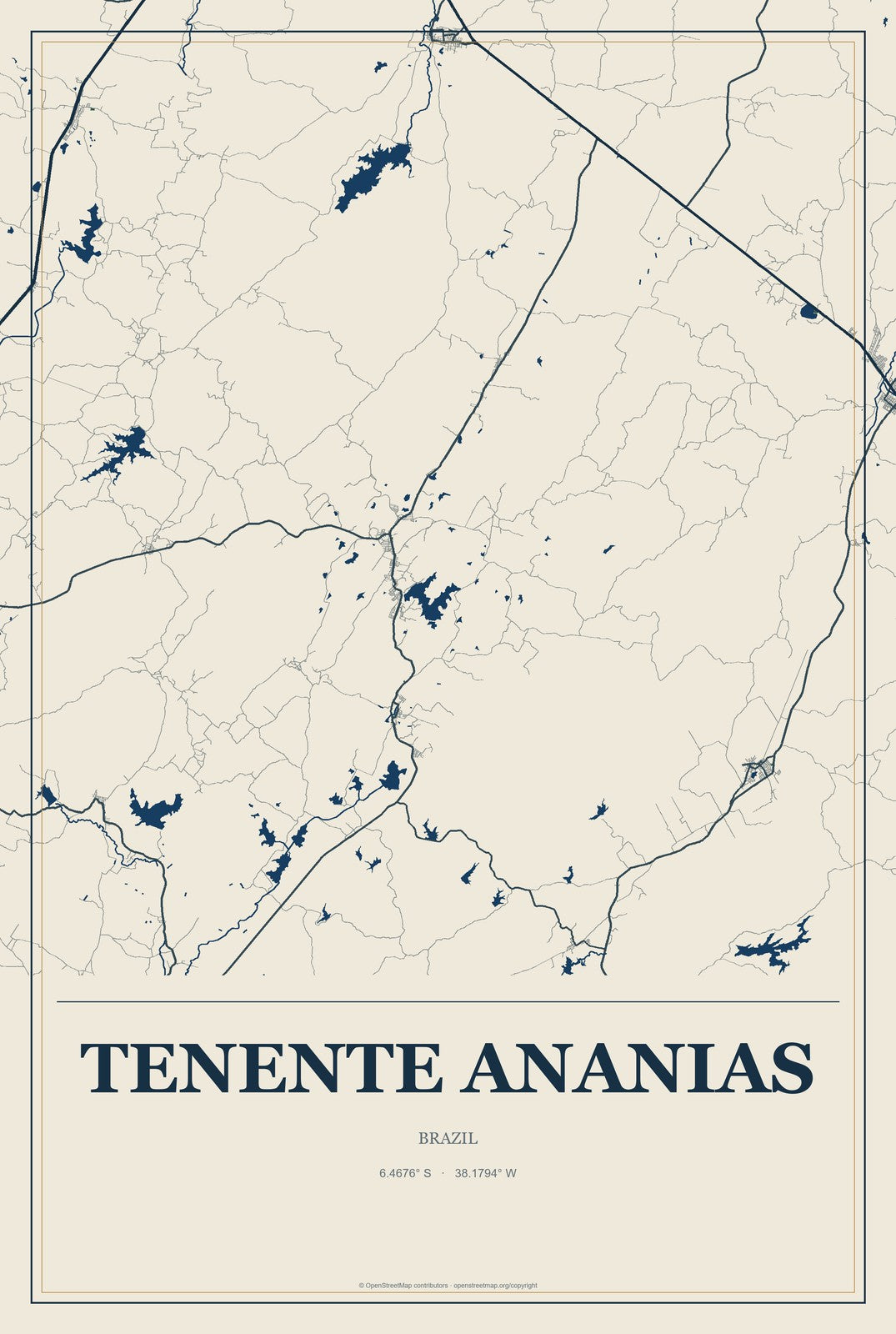 Tenente Ananias, Brazil City Map Aluminum Sign in Coastal Cutout style