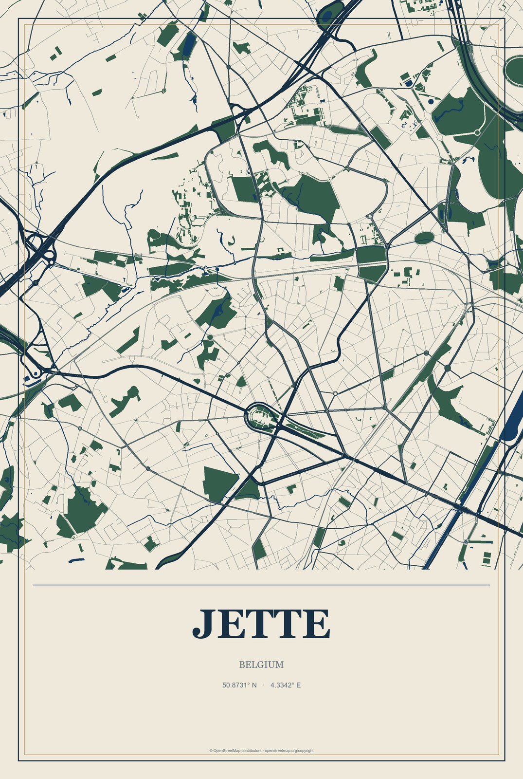 Jette, Belgium City Map Aluminum Sign in Coastal Cutout style