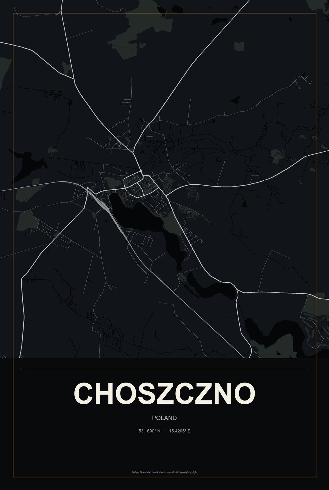 Choszczno, Poland City Map Aluminum Sign in Metropolitan Noir style
