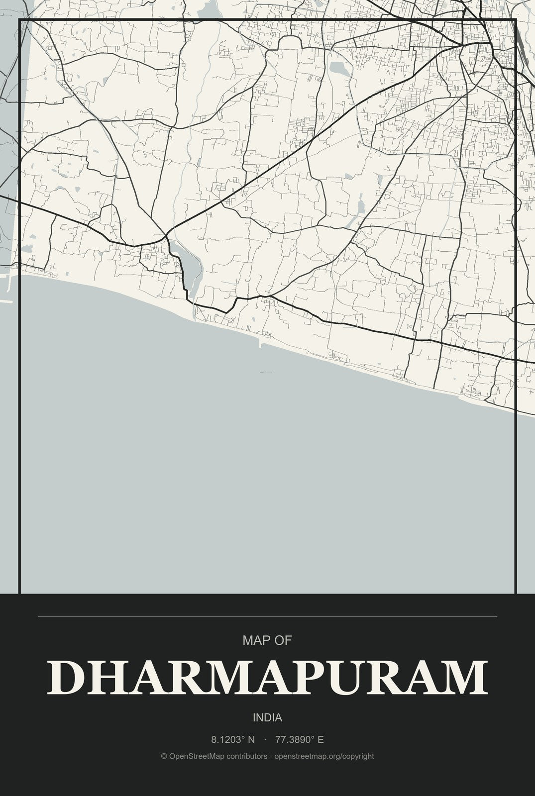 Dharmapuram, India City Map Aluminum Sign in Museum Plaque style