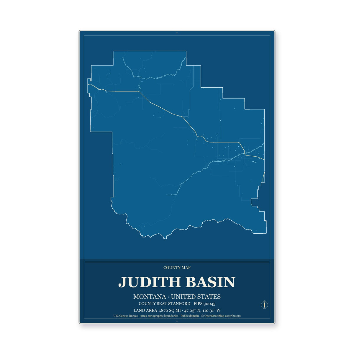 Judith Basin County, Montana Map Aluminum Sign in Harbor Cobalt style