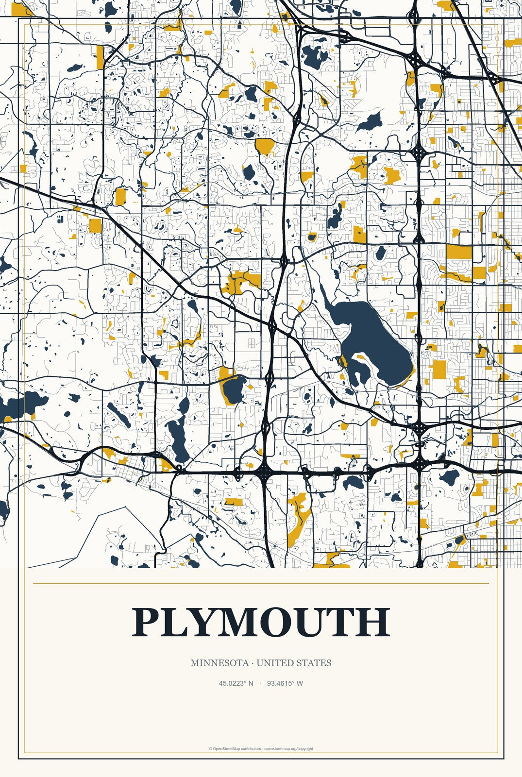 Plymouth, Minnesota City Map Aluminum Sign in Citrine Modern style