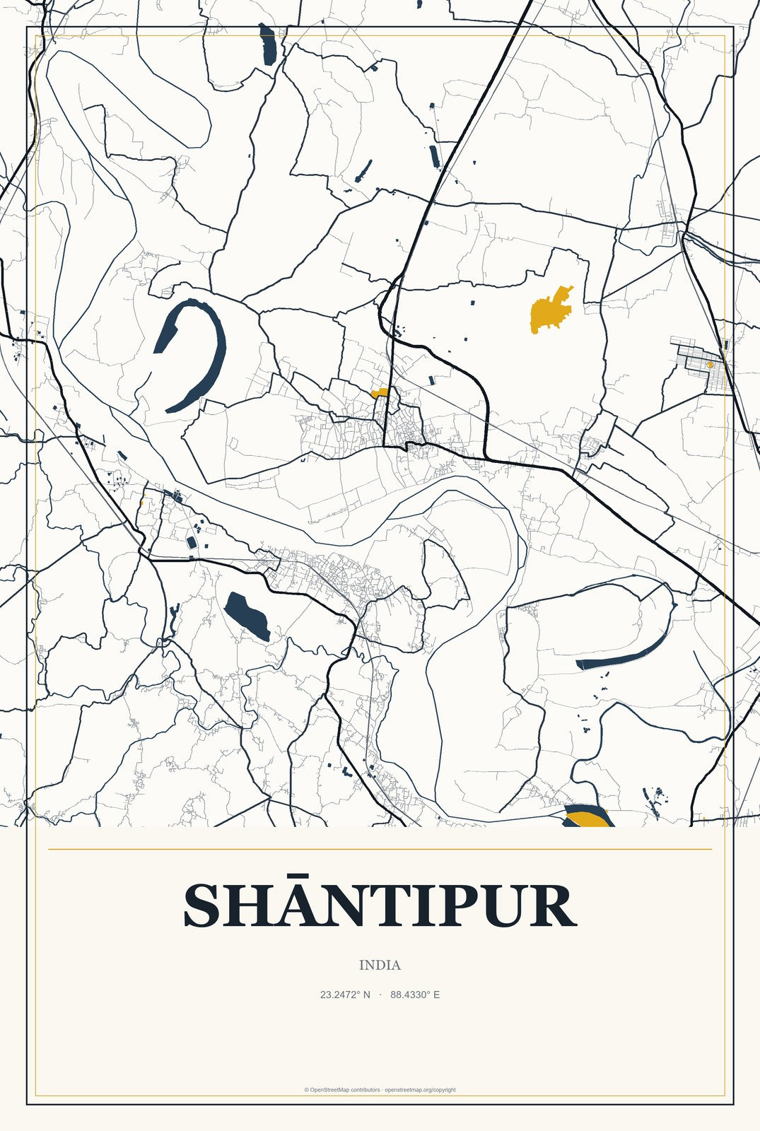 Shāntipur, India City Map Aluminum Sign in Citrine Modern style