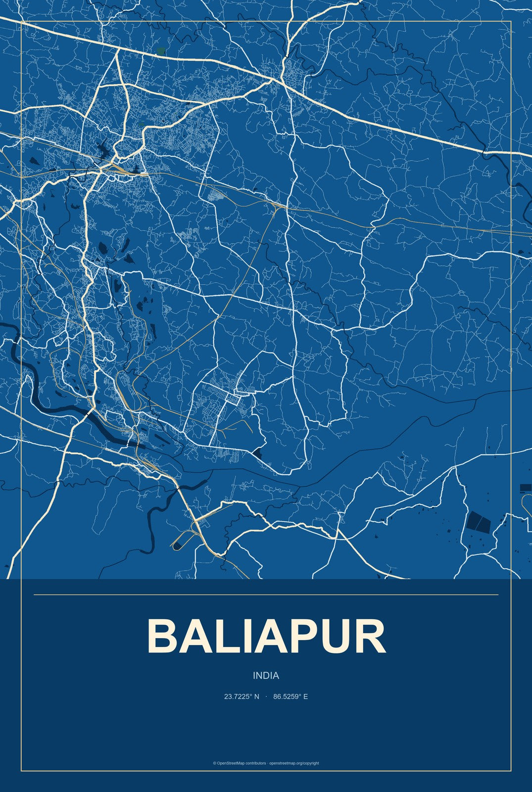 Baliapur, India City Map Aluminum Sign in Harbor Cobalt style