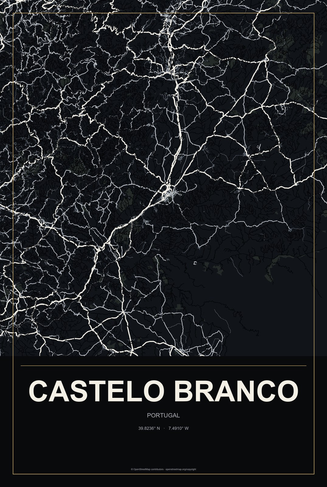 Castelo Branco, Portugal City Map Aluminum Sign in Metropolitan Noir style