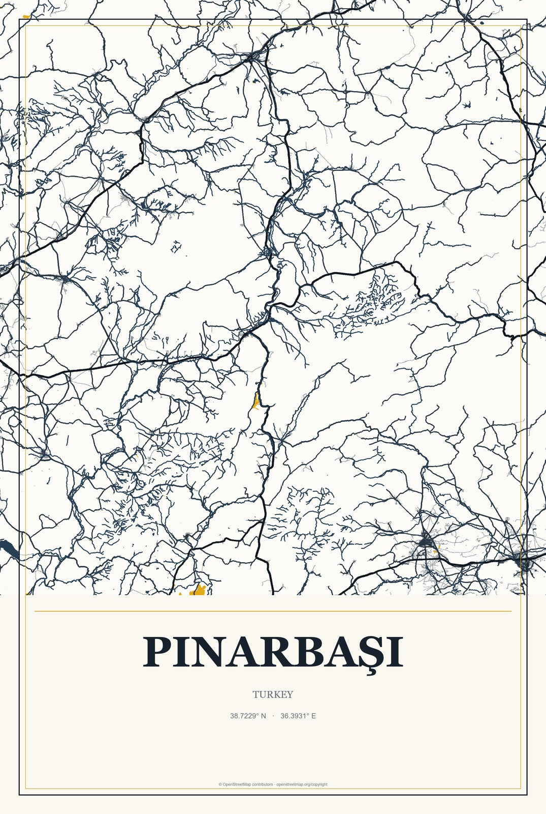 Pınarbaşı, Kayseri, Turkey City Map Aluminum Sign in Citrine Modern style