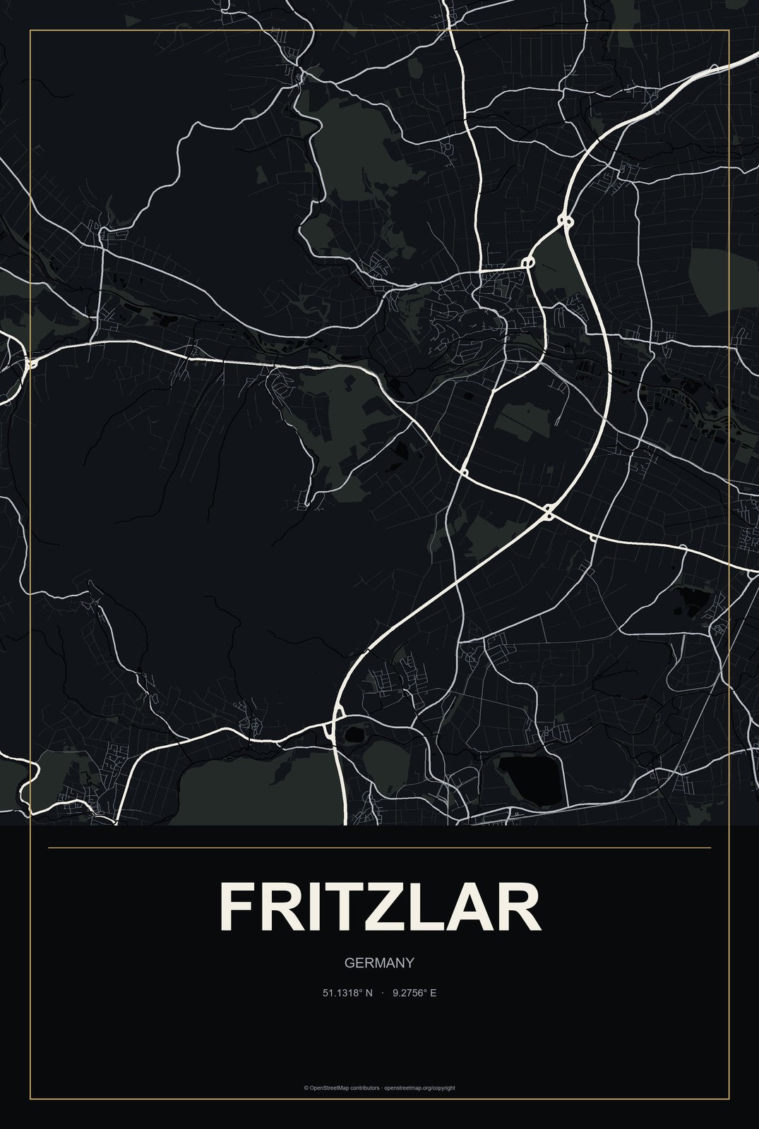 Fritzlar, Germany City Map Aluminum Sign in Metropolitan Noir style