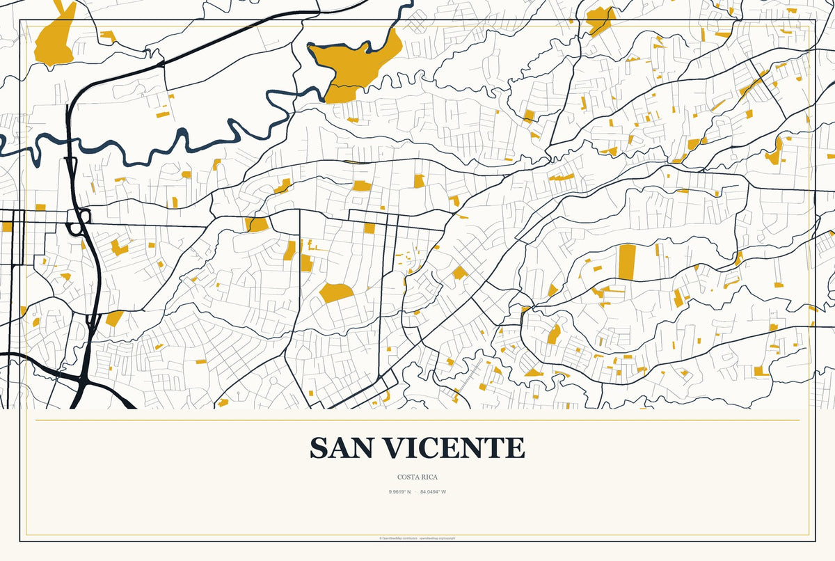 San Vicente, Costa Rica City Map Aluminum Sign in Citrine Modern style
