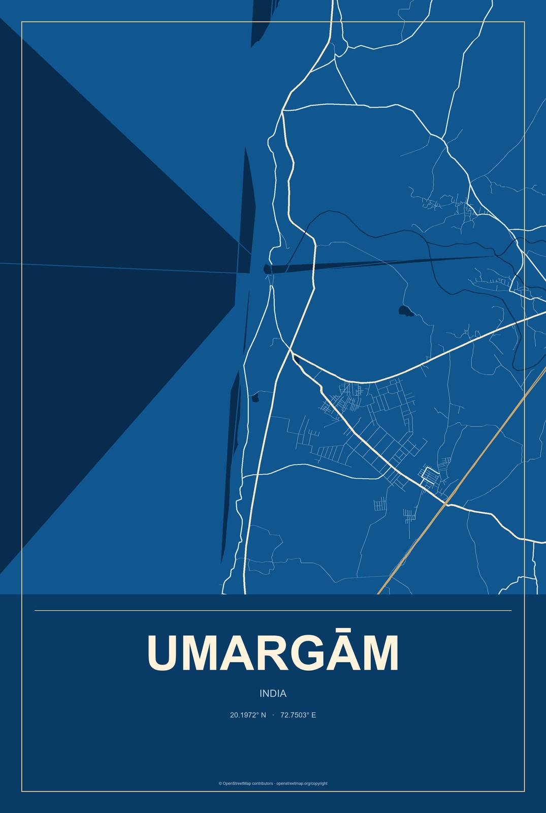 Umargām, India City Map Aluminum Sign in Harbor Cobalt style
