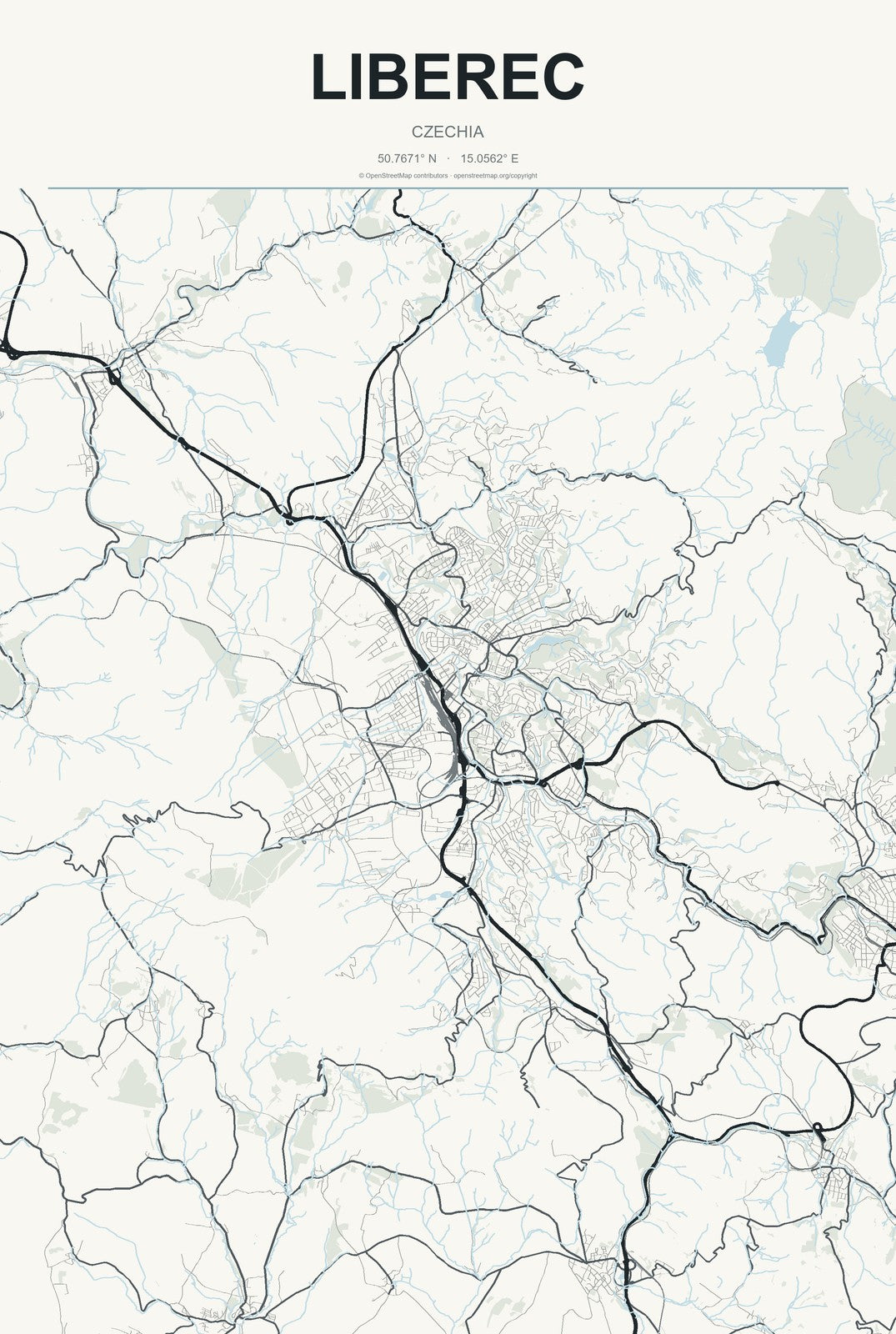 Liberec, Czechia City Map Aluminum Sign in Headline Atlas style