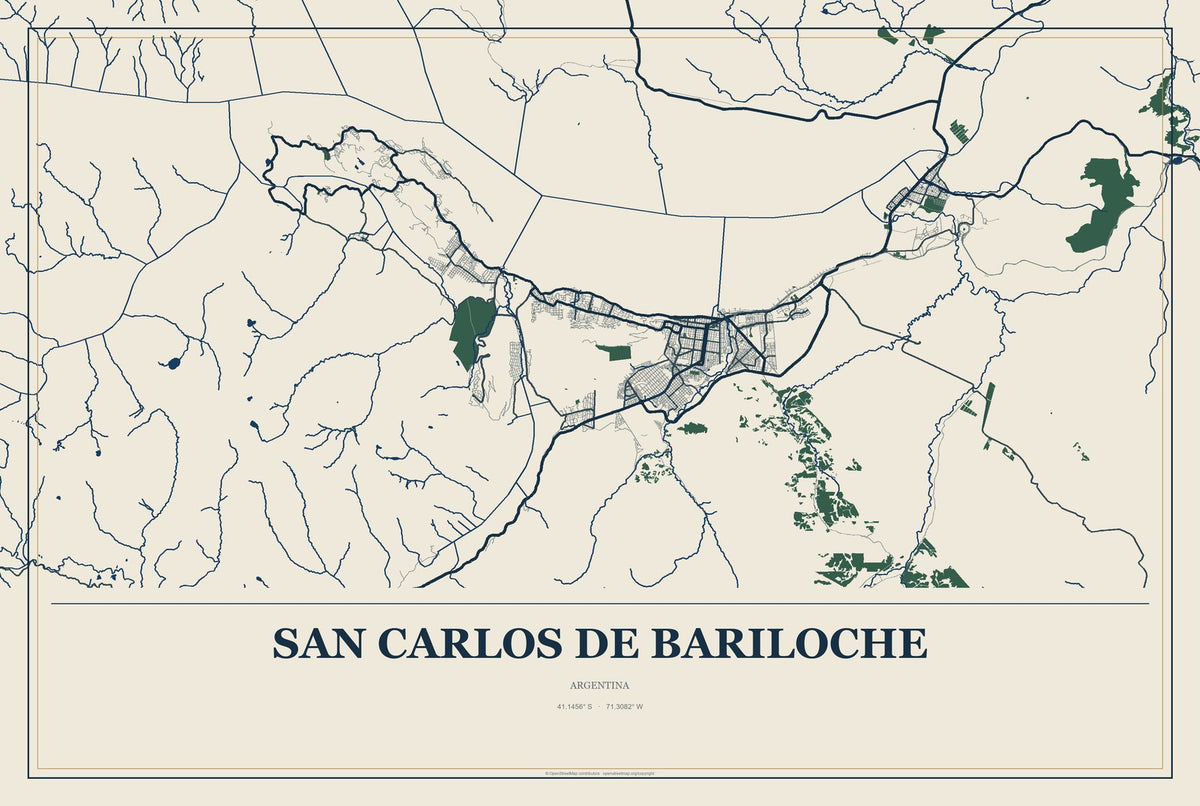 San Carlos de Bariloche, Argentina City Map Aluminum Sign in Coastal Cutout style