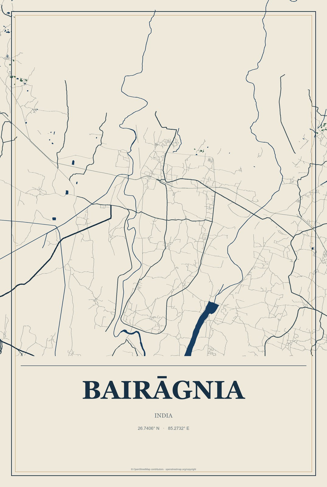 Bairāgnia, India City Map Aluminum Sign in Coastal Cutout style