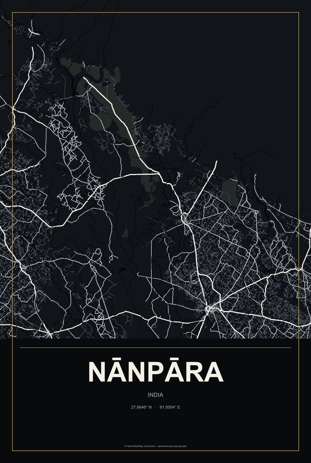 Nānpāra, India City Map Aluminum Sign in Metropolitan Noir style