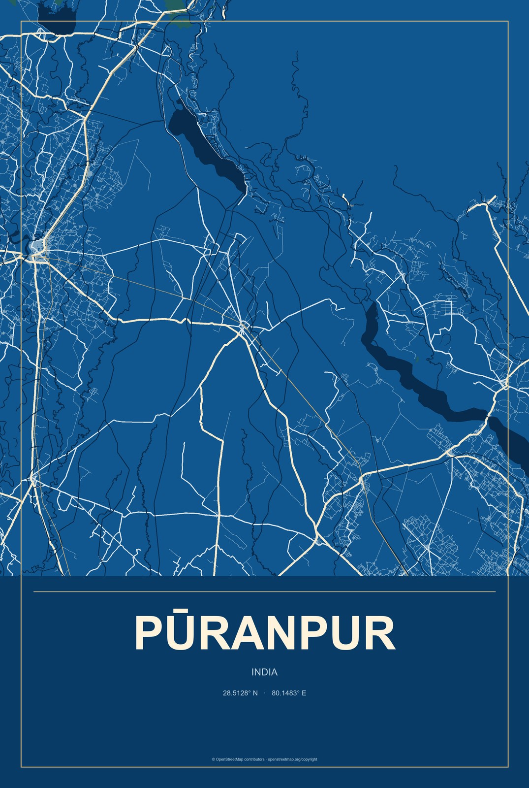 Pūranpur, India City Map Aluminum Sign in Harbor Cobalt style