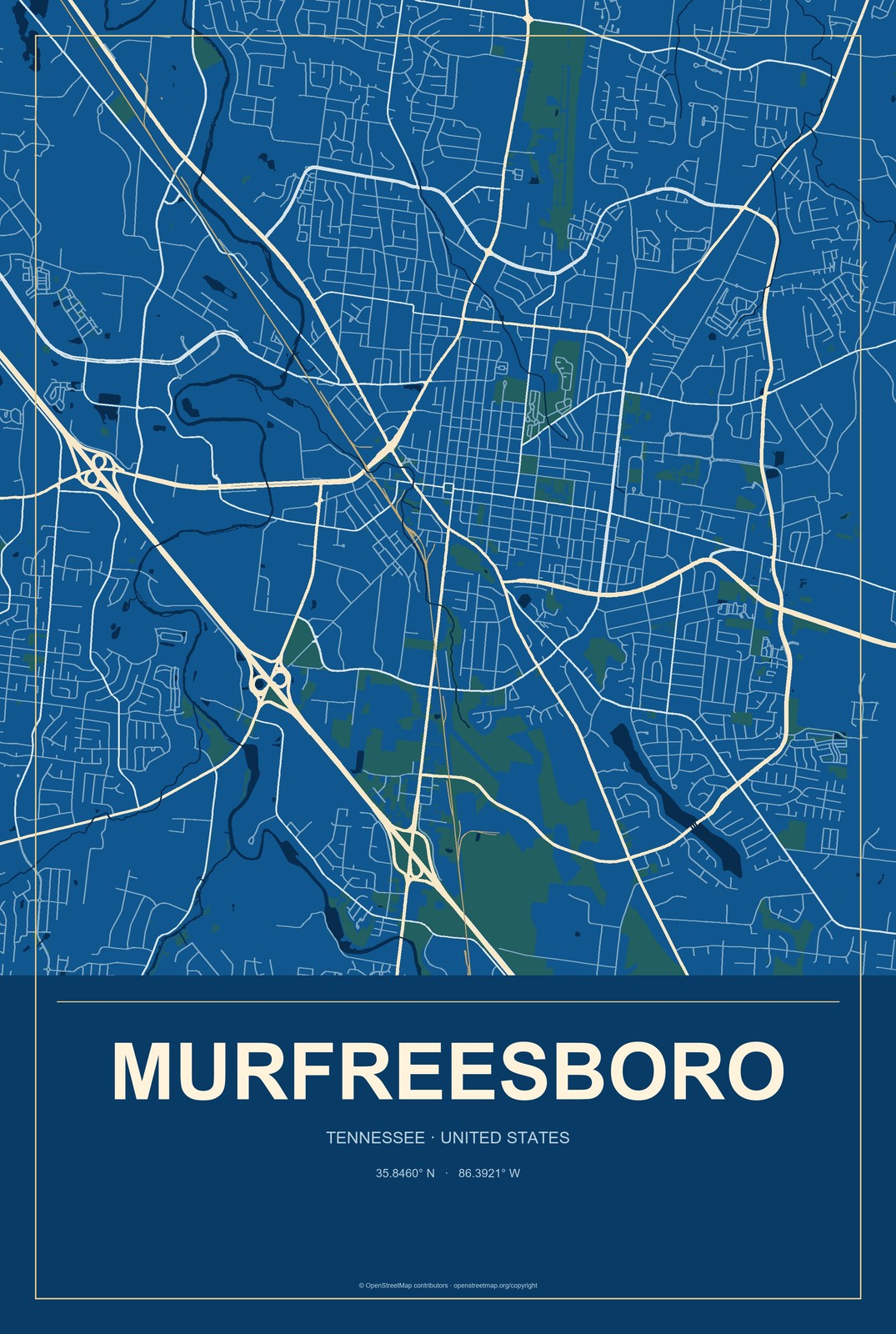 Murfreesboro, Tennessee City Map Aluminum Sign in Harbor Cobalt style