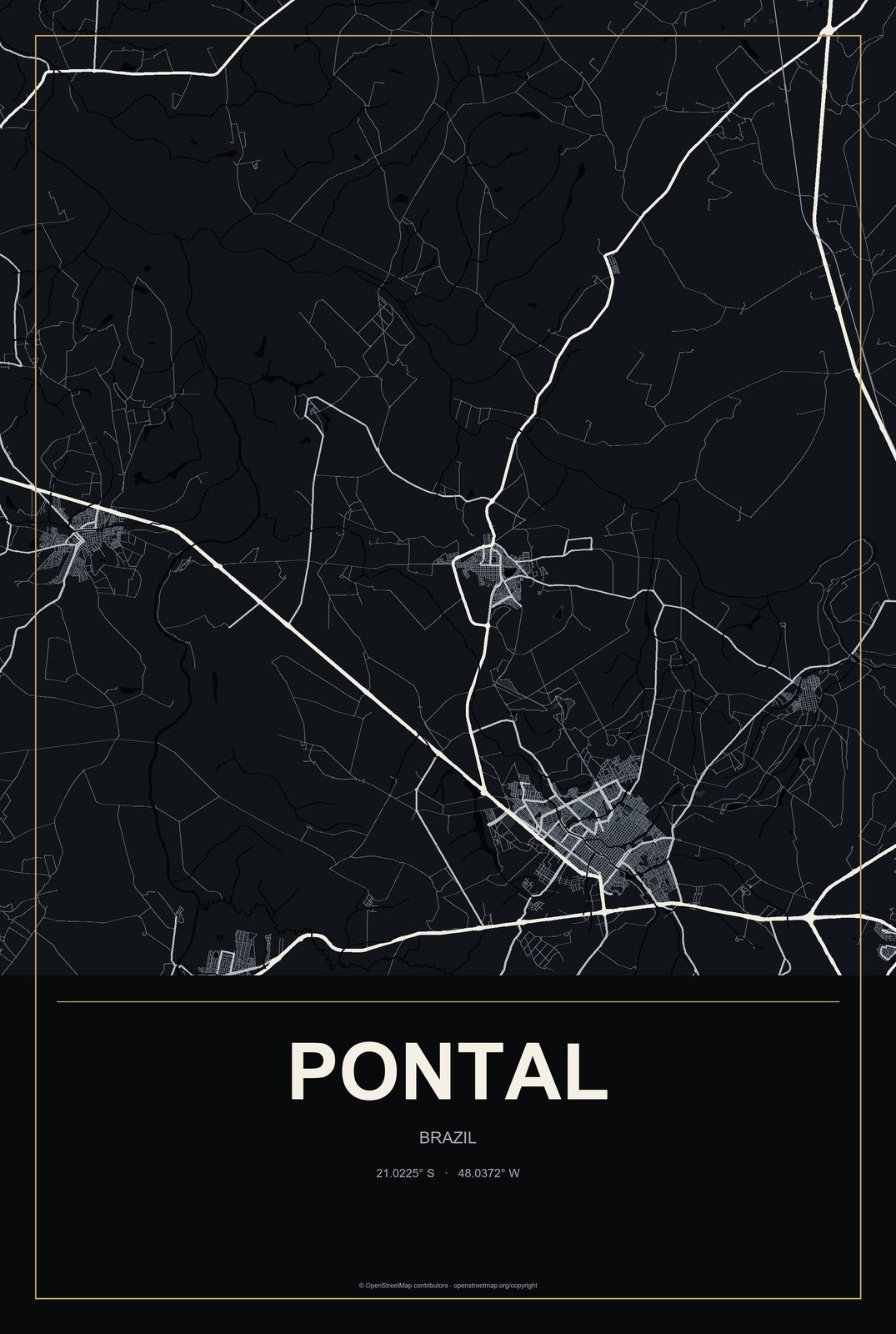 Pontal, Brazil City Map Aluminum Sign in Metropolitan Noir style