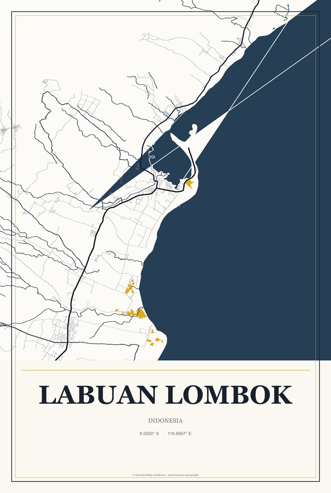 Labuan Lombok, Indonesia City Map Aluminum Sign in Citrine Modern style