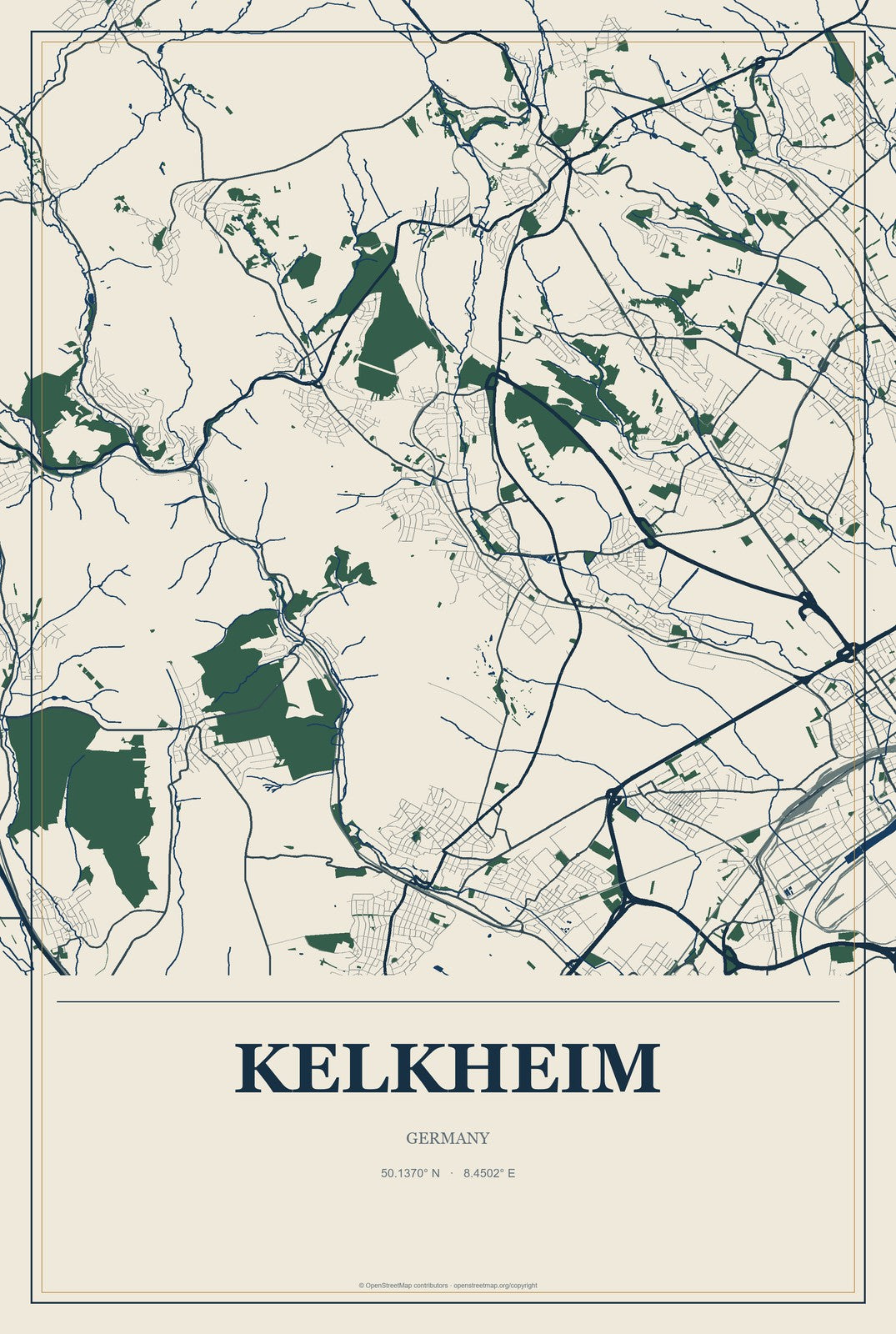 Kelkheim, Germany City Map Aluminum Sign in Coastal Cutout style
