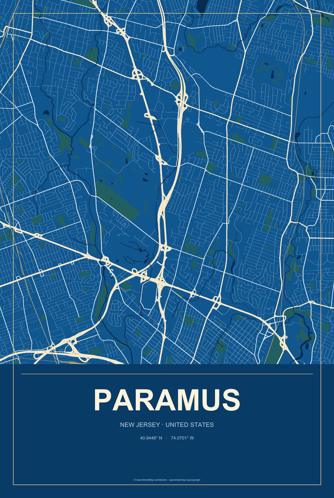 Paramus, New Jersey City Map Aluminum Sign in Harbor Cobalt style