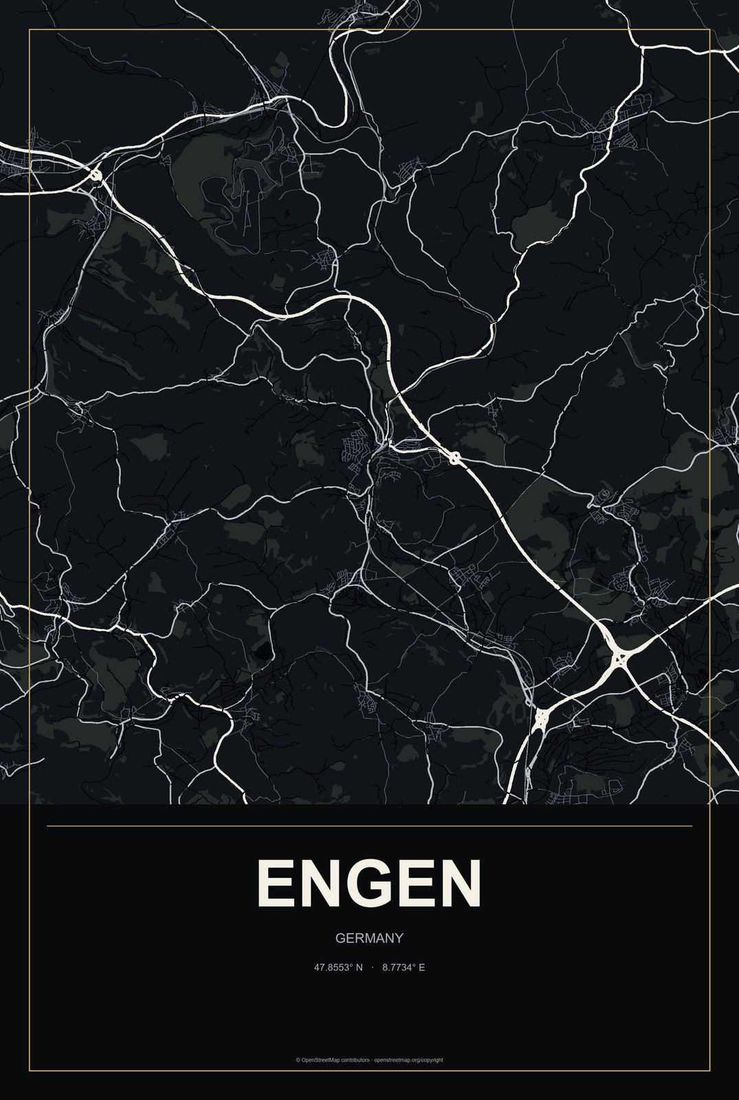 Engen, Germany City Map Aluminum Sign in Metropolitan Noir style