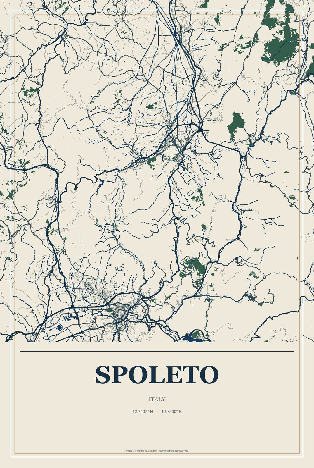 Spoleto, Italy City Map Aluminum Sign in Coastal Cutout style