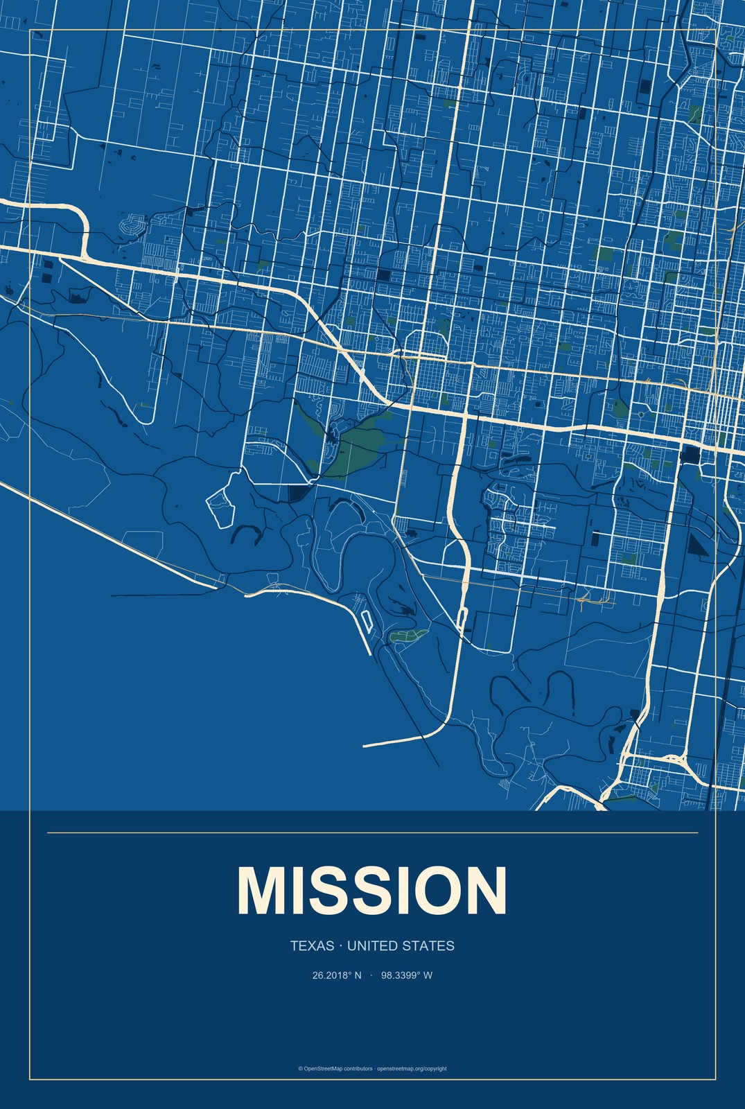 Mission, Texas City Map Aluminum Sign in Harbor Cobalt style