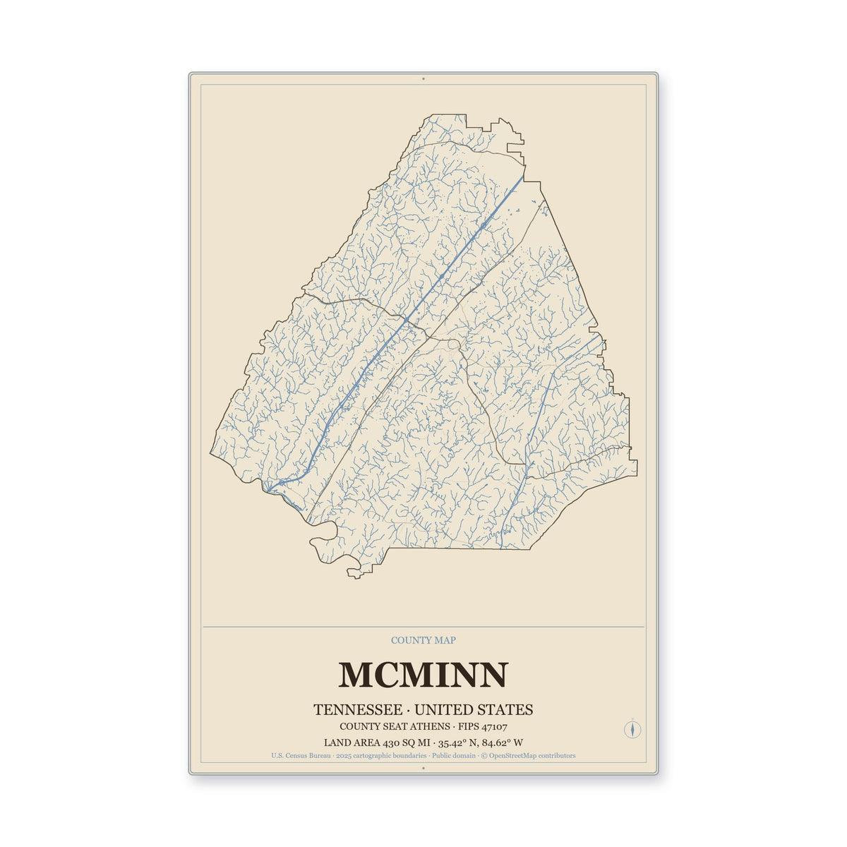 McMinn County, Tennessee Map Aluminum Sign in Heritage Nautical style