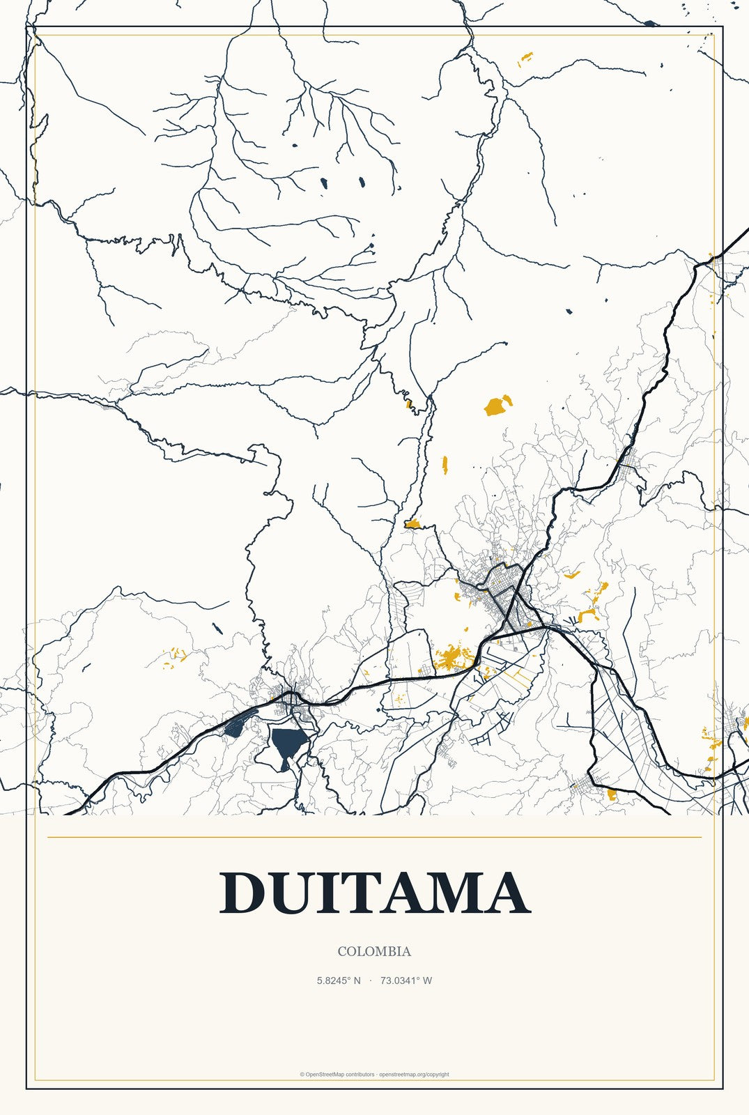 Duitama, Colombia City Map Aluminum Sign in Citrine Modern style
