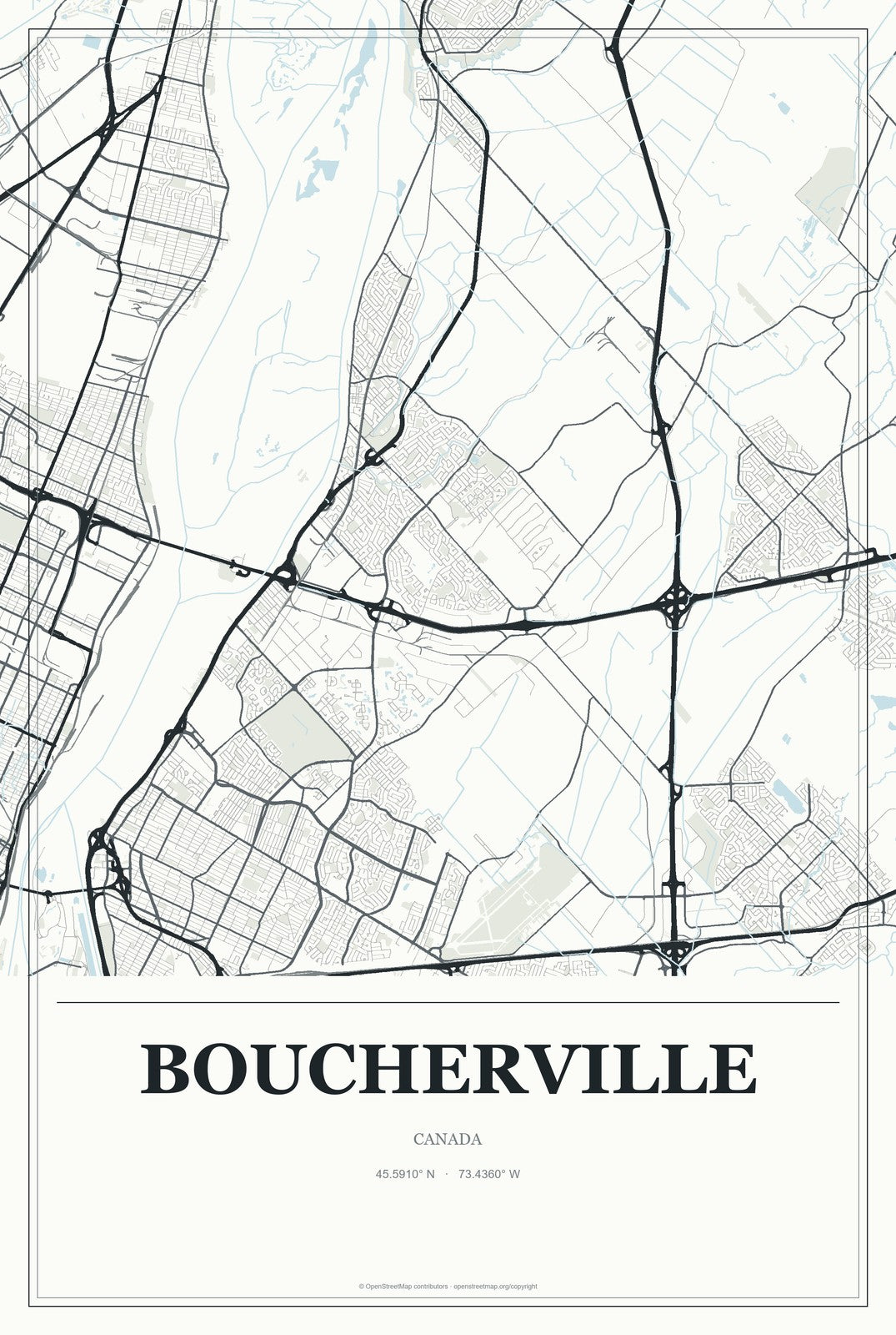 Boucherville, Canada City Map Aluminum Sign in Gallery Air style