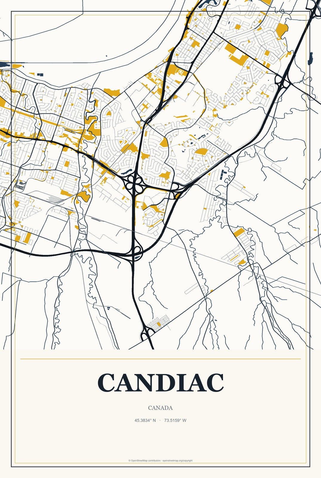 Candiac, Canada City Map Aluminum Sign in Citrine Modern style