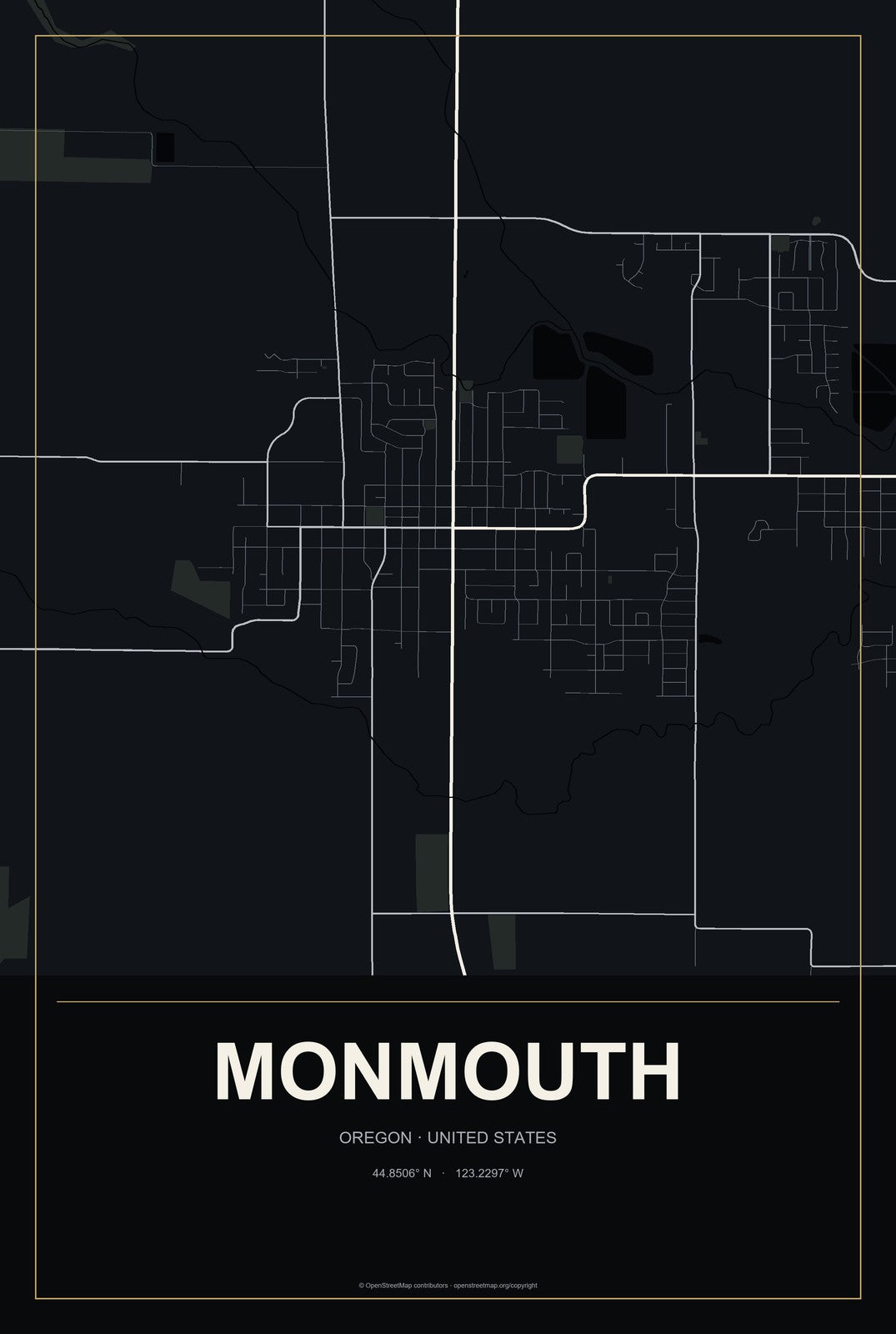 Monmouth, Oregon City Map Aluminum Sign in Metropolitan Noir style