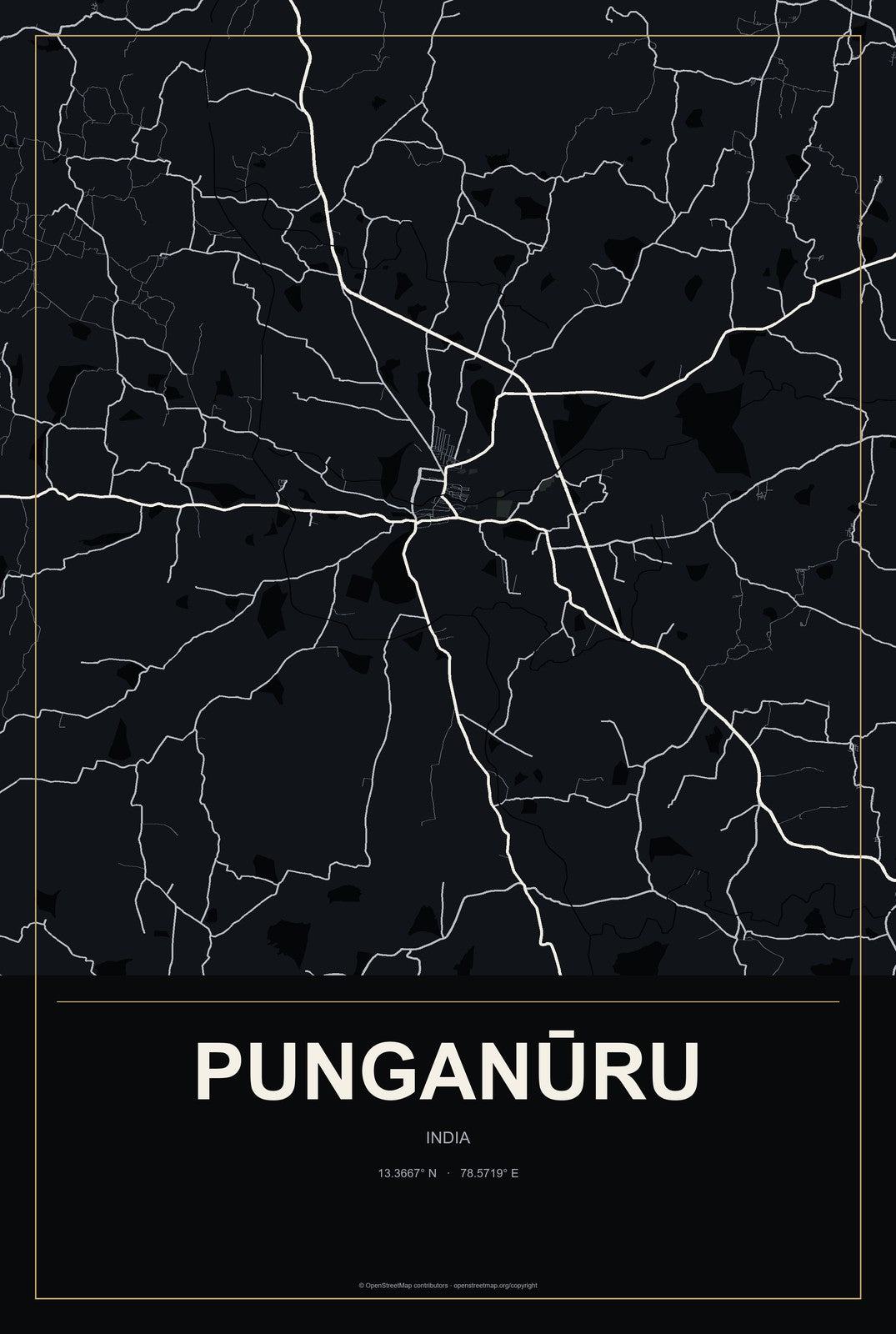 Punganūru, India City Map Aluminum Sign in Metropolitan Noir style