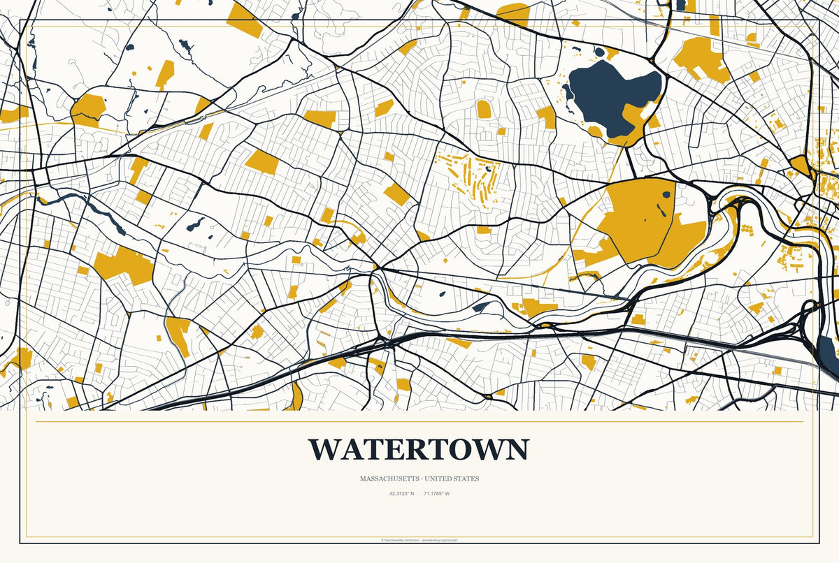 Watertown, Massachusetts City Map Aluminum Sign in Citrine Modern style