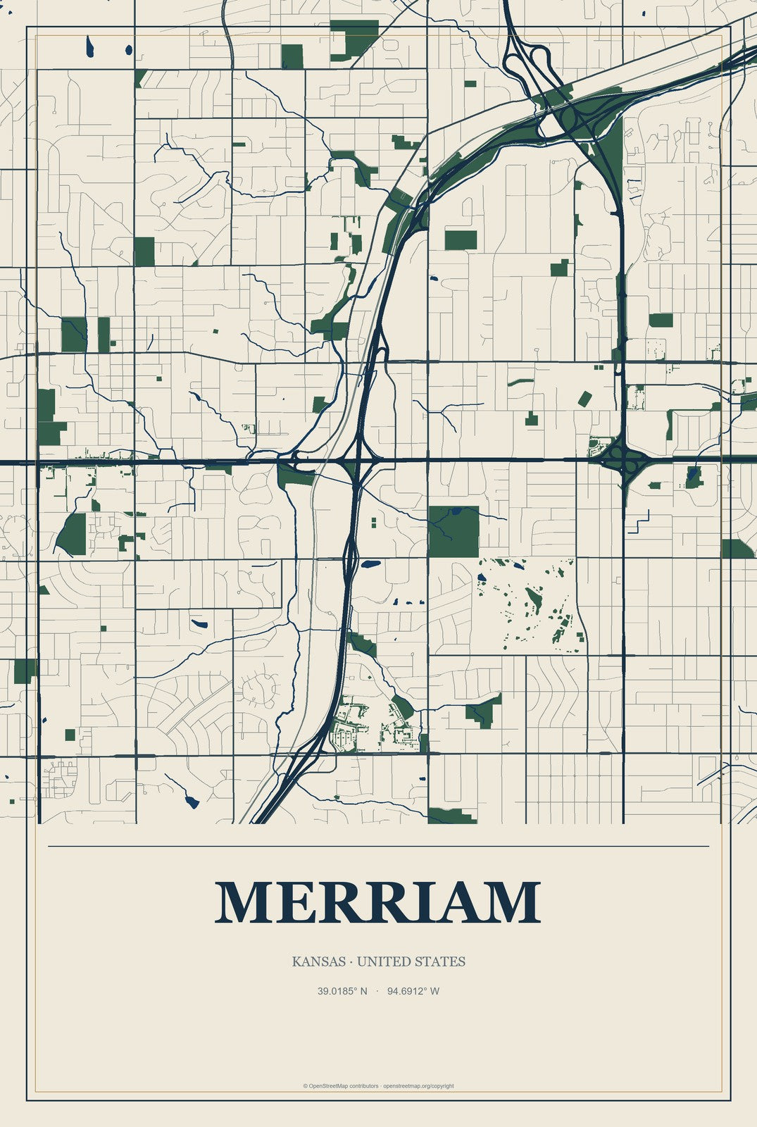 Merriam, Kansas City Map Aluminum Sign in Coastal Cutout style