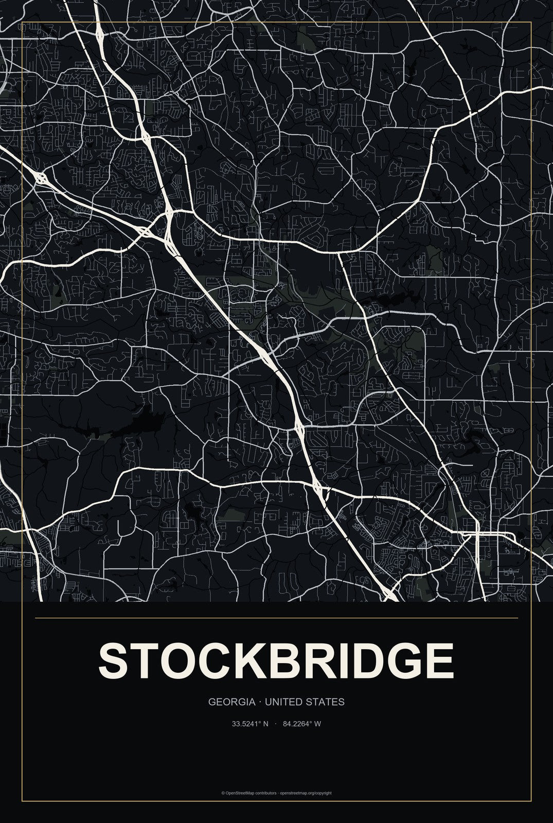Stockbridge, Georgia City Map Aluminum Sign in Metropolitan Noir style