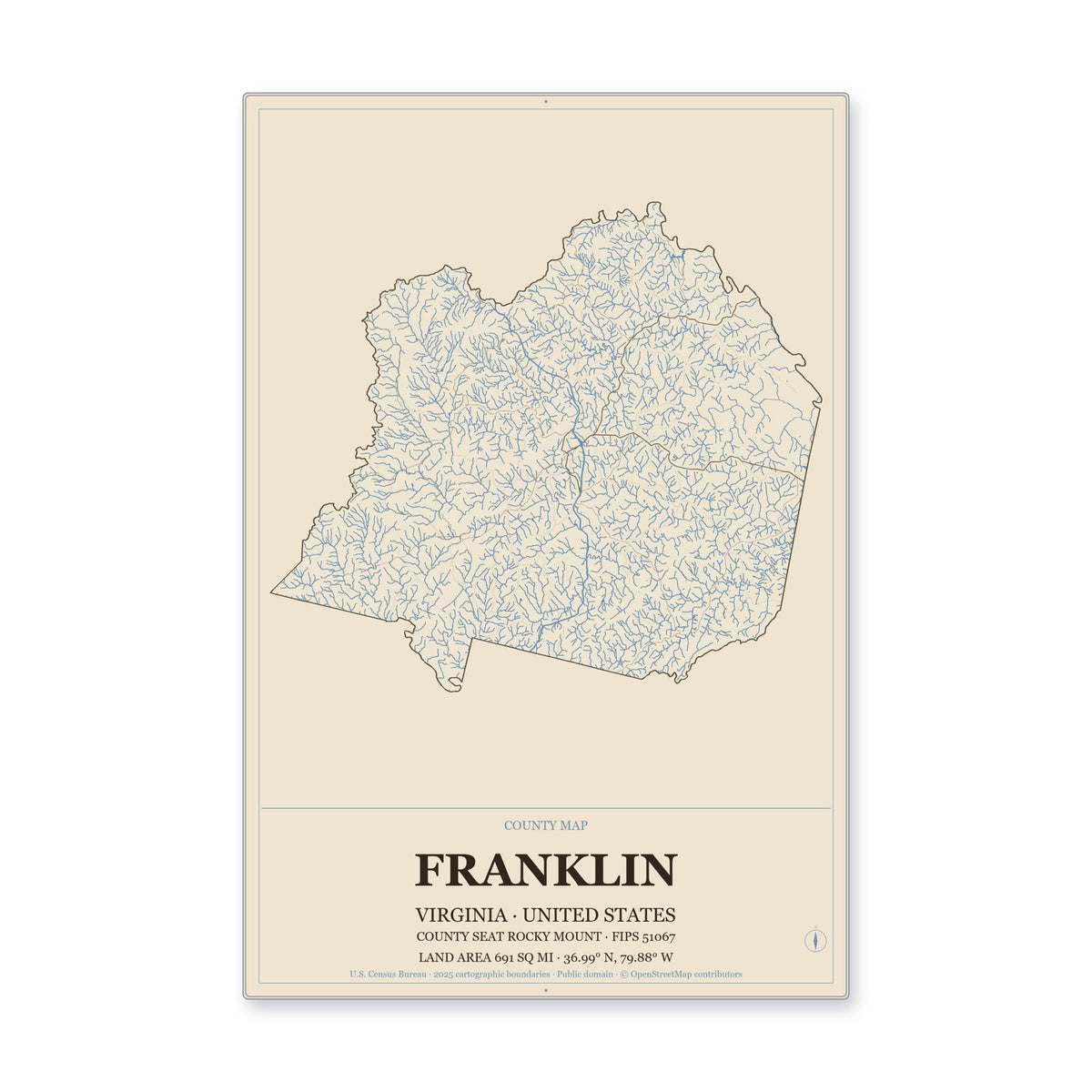 Franklin County, Virginia Map Aluminum Sign in Heritage Nautical style