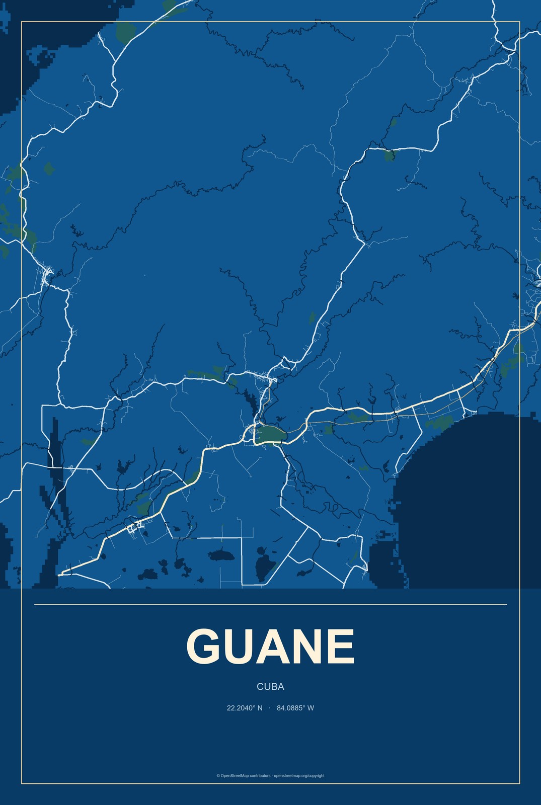 Guane, Cuba City Map Aluminum Sign in Harbor Cobalt style