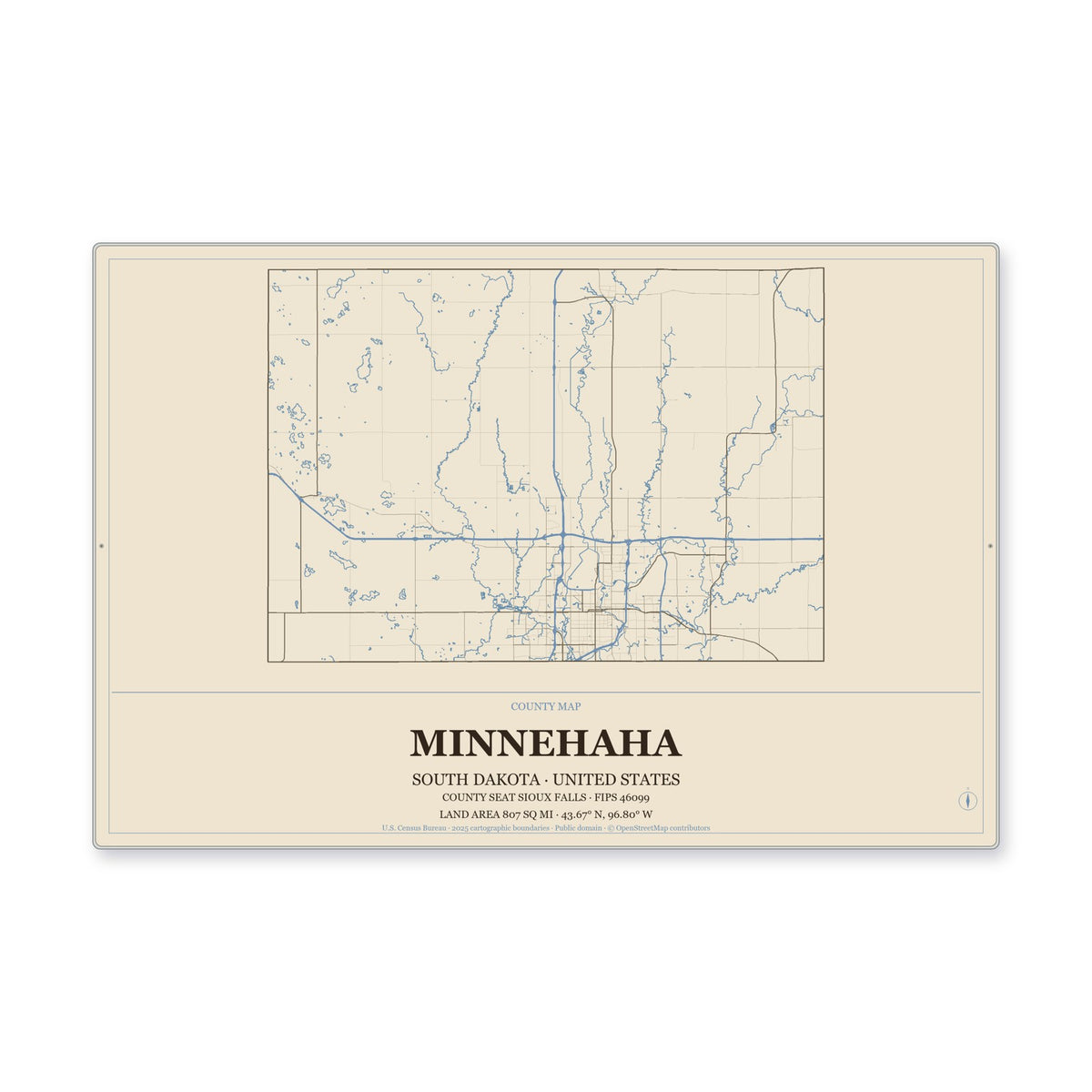 Minnehaha County, South Dakota Map Aluminum Sign in Heritage Nautical style