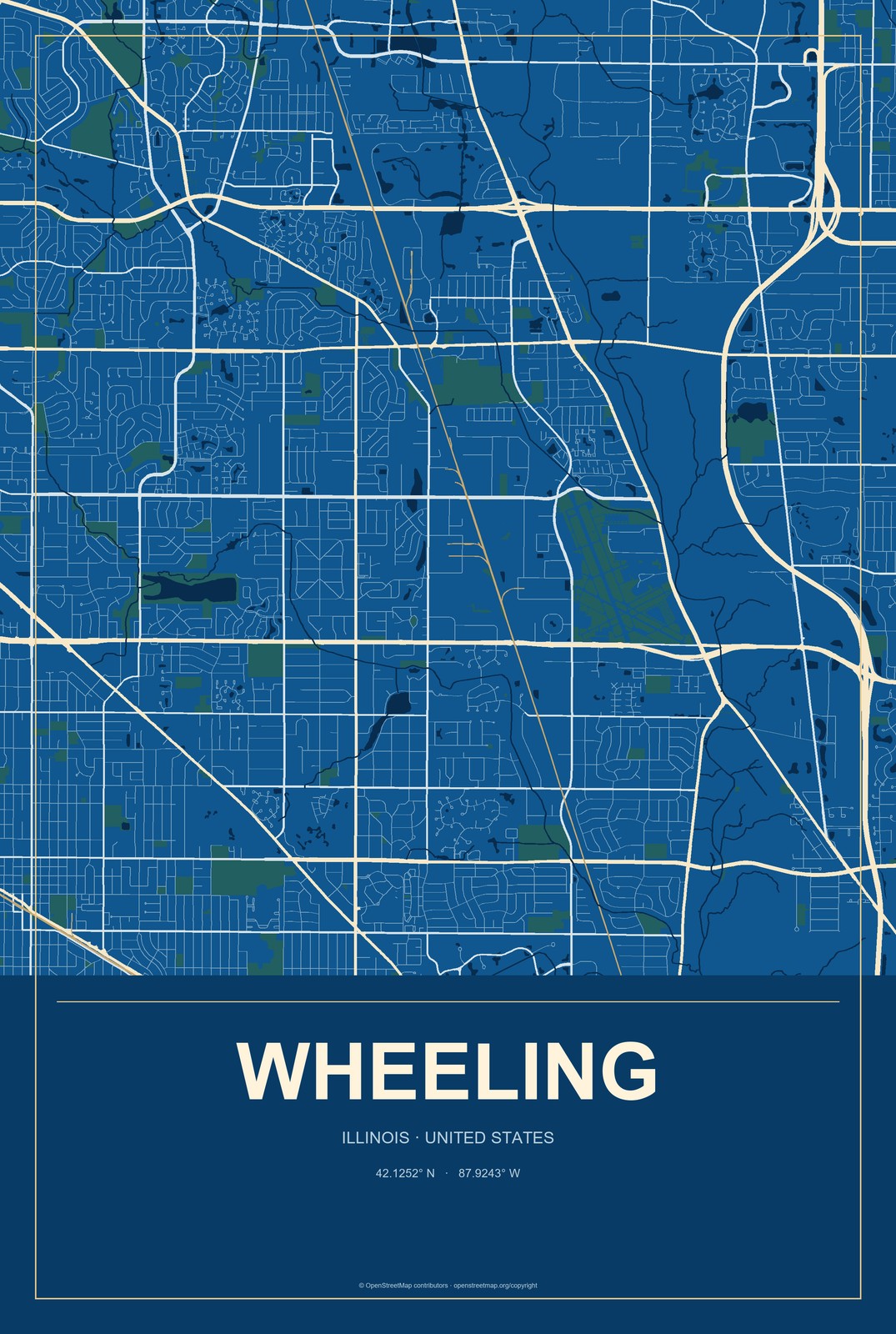 Wheeling, Illinois City Map Aluminum Sign in Harbor Cobalt style