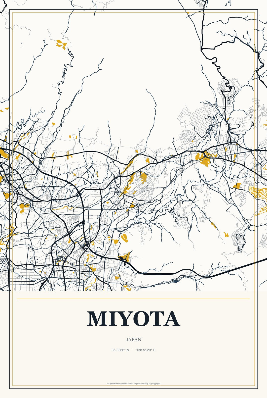 Miyota, Japan City Map Aluminum Sign in Citrine Modern style