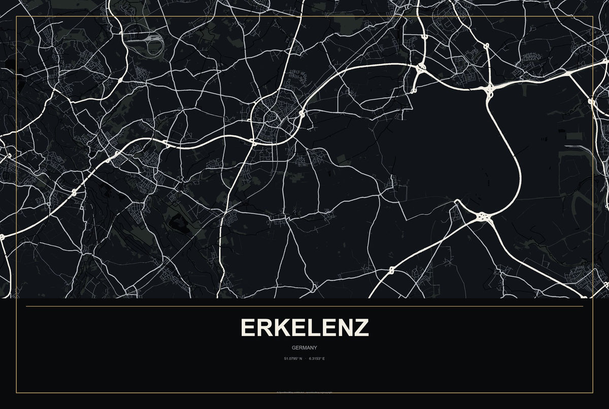 Erkelenz, Germany City Map Aluminum Sign in Metropolitan Noir style