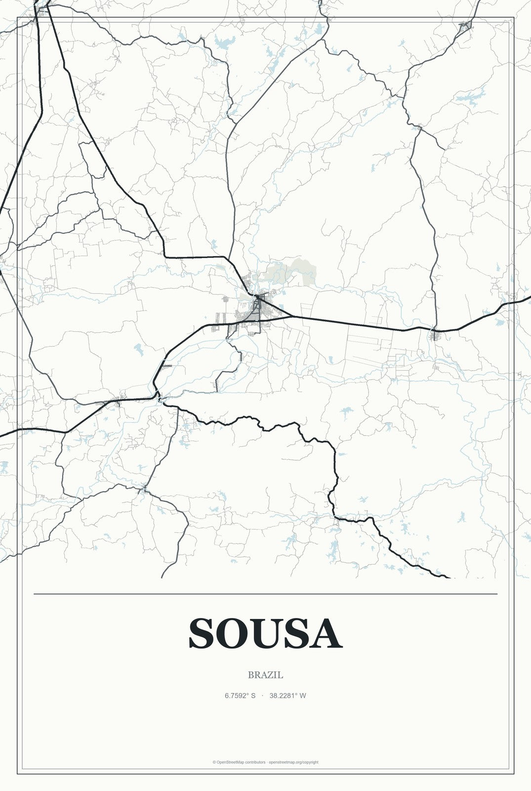 Sousa, Brazil City Map Aluminum Sign in Gallery Air style