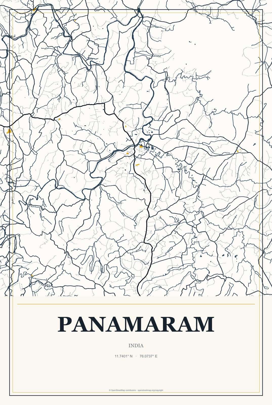 Panamaram, India City Map Aluminum Sign in Citrine Modern style