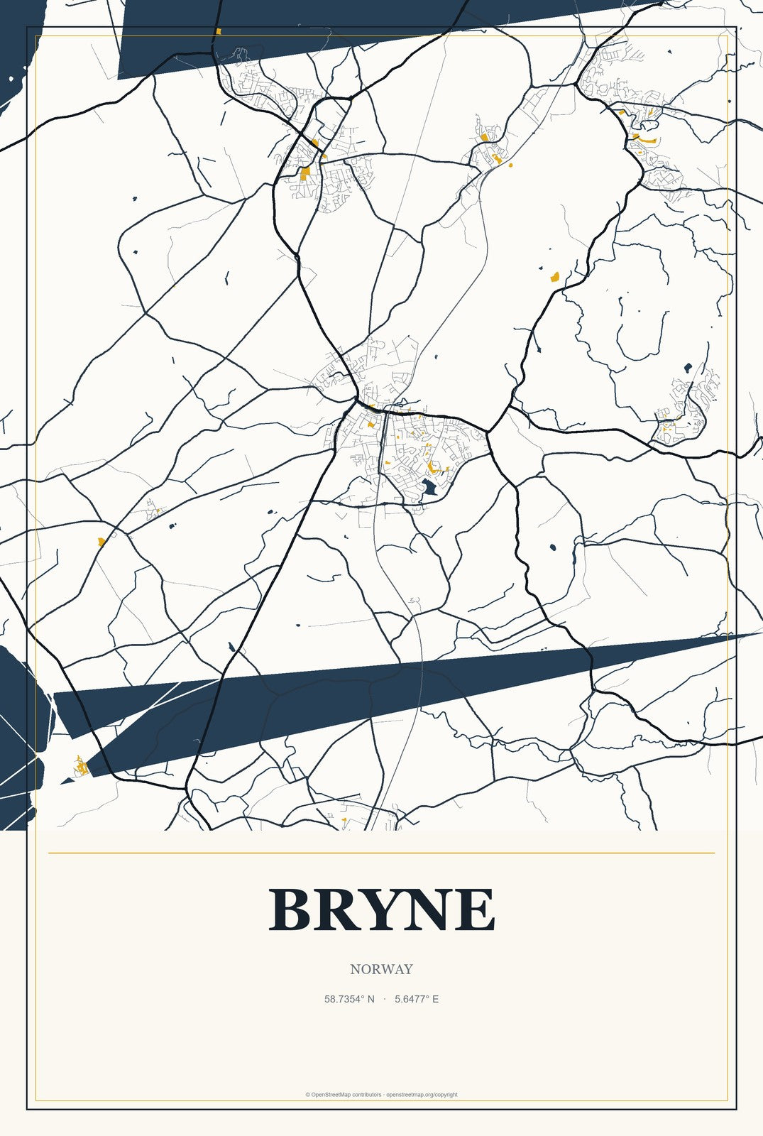 Bryne, Norway City Map Aluminum Sign in Citrine Modern style