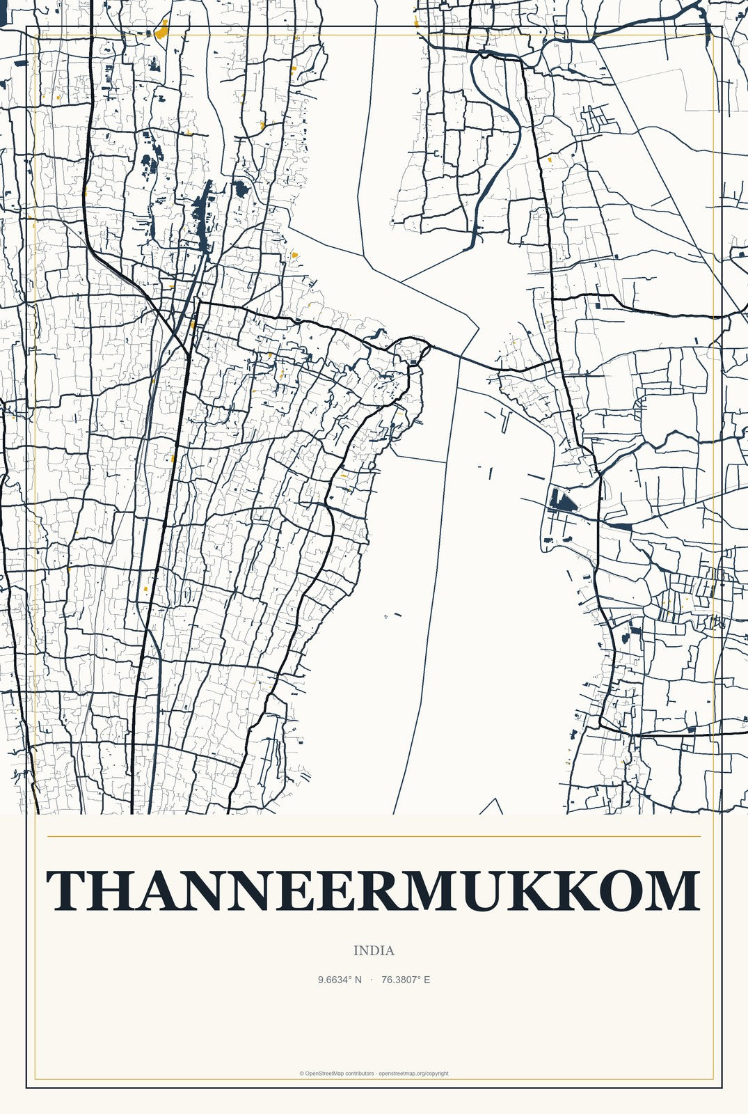 Thanneermukkom, India City Map Aluminum Sign in Citrine Modern style